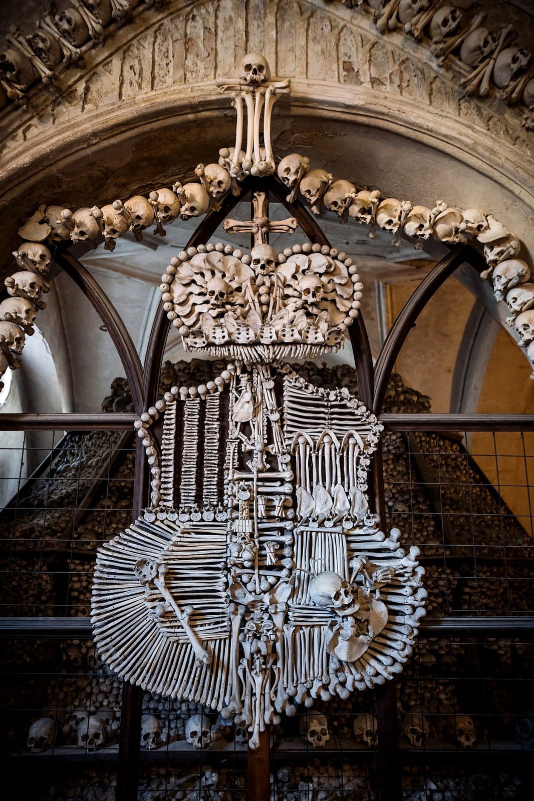Coat of arms made of human bones inside the Sedlec Ossuary, Czech Republic