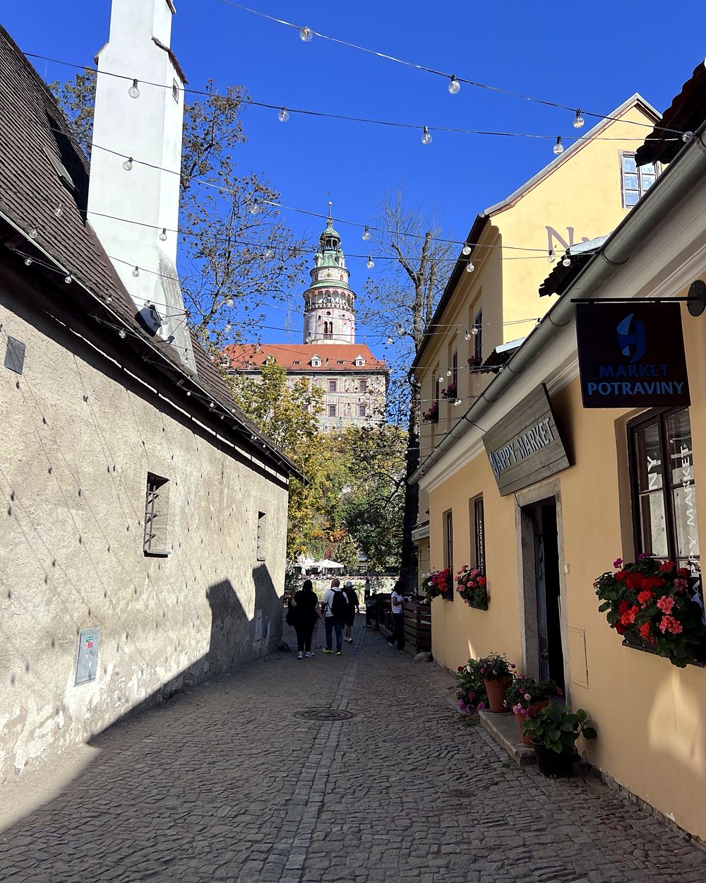 Cobbled street in Český Krumlov old town with the castle tower in the distance