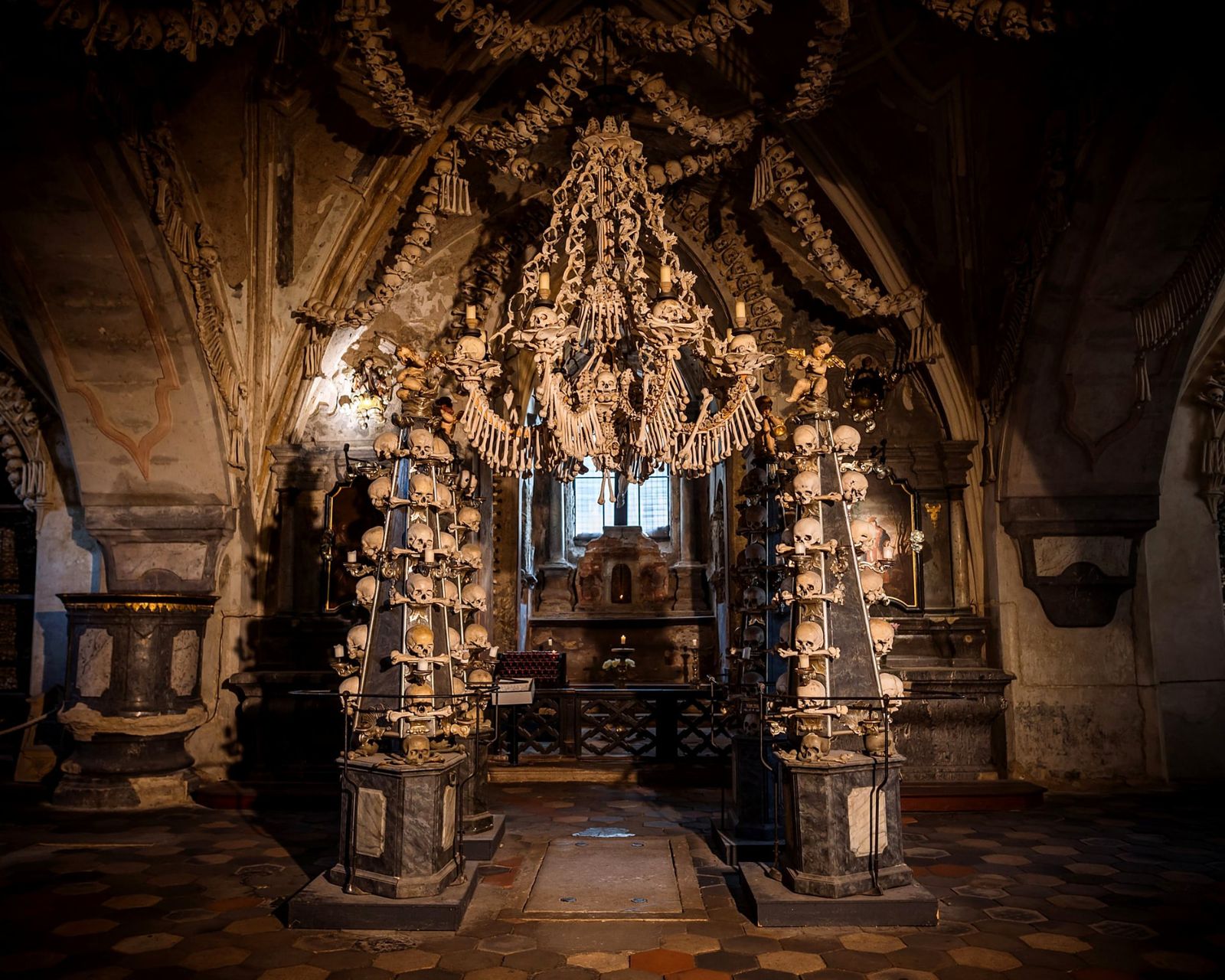 Chandelier made of human bones inside the Sedlec Ossuary near Kutná Hora
